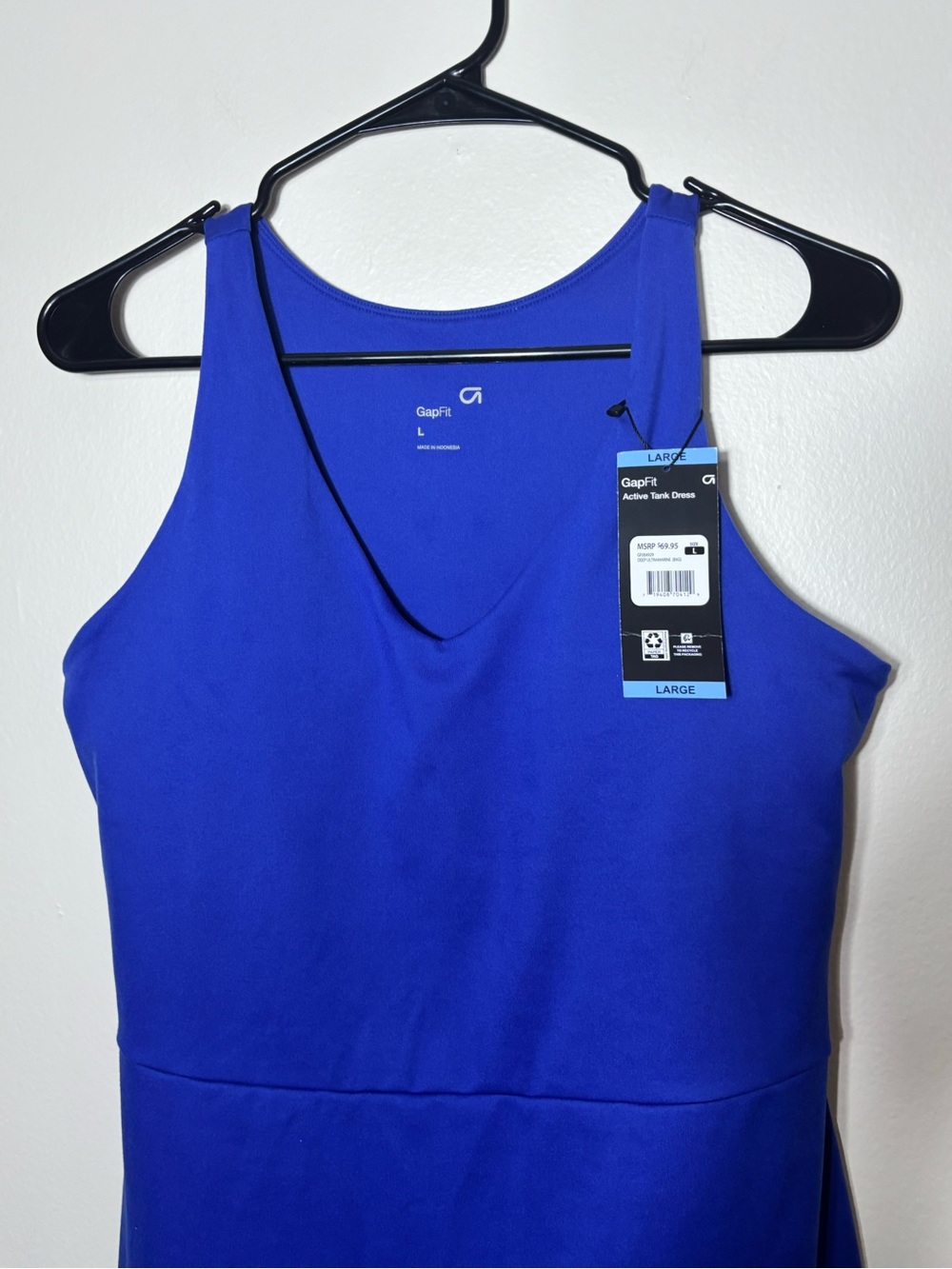 GapFit Active Tank Dress Deep Ultramarine Blue V-Neck Built-in Bra Large NEW - Picture 9 of 13